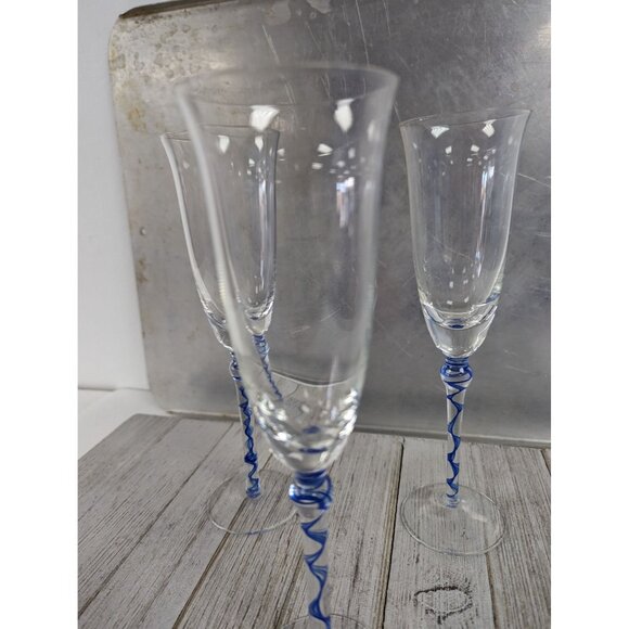 Pier 1 Set of 3 Wine Champagne Glasses 9 1/4" Tall Blue Ribbon Stem - Picture 4 of 7